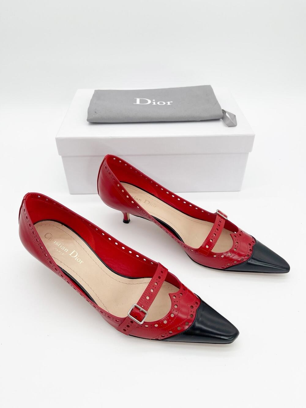 Dior Spectadior Red Black Brushed Calfskin Spectator Kitten Heel Pumps EU 39.5